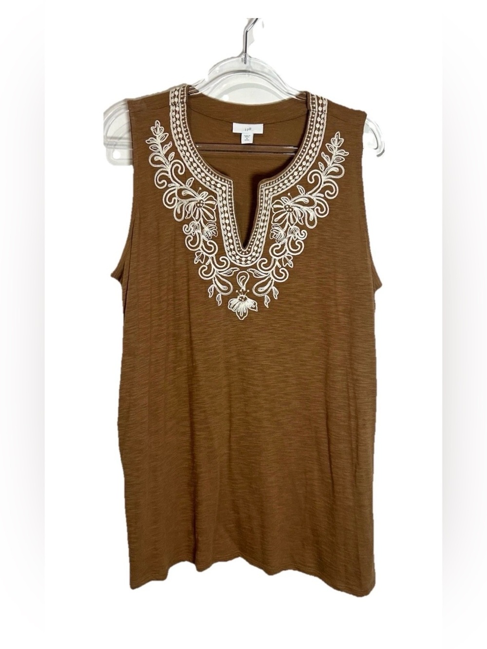 J Jill Embroidered Tank Top Womens Medium P Brown Tencel Cotton Boho Tunic